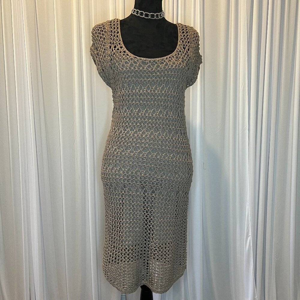 Kensie Taupe Crochet Dress w/ Open Weave Pattern - Lined